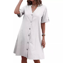 Load image into Gallery viewer, Women&#39;s Dress Washed Cotton Short-sleeved Medium and Long Single-breasted V-neck Loose Solid Color A-shaped Dress