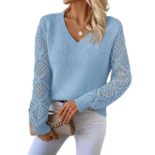 Load image into Gallery viewer, Spring and Autumn Knitted Sweater, Women's Clothing Temperament V-neck Hollow Long-sleeved Solid Color Casual Top