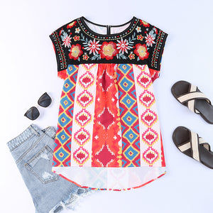 Summer New Ethnic Style Embroidery 3/4 Sleeve Pullover Chiffon Top