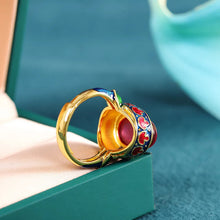 Load image into Gallery viewer, Gilded Enamel Color National Style Flower Light Luxury Ruby Female Living Ring Earrings