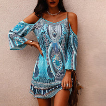 Load image into Gallery viewer, Summer Printed Round Neck Hollowed Out Short Sleeved Off Shoulder Sexy Suspender Dress