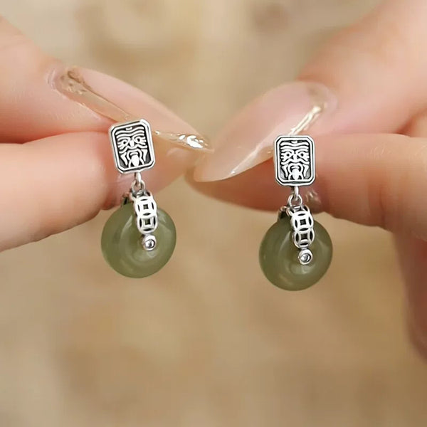 925 Silver Retro New Zakiram Hetian Jade Safety Buckle Earrings Copper Coins Women's Simple and High-end Sense Jewelry