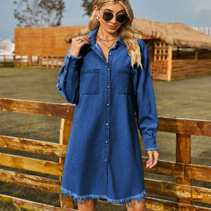 New Vintage Wash Denim Loose Relaxed Long Sleeve Ragged Dress