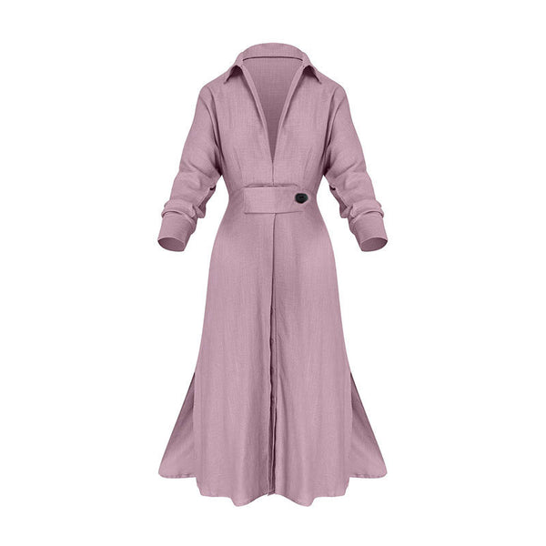 New Temperament Commuter Tie Solid Color Waist Long Sleeve Irregular Shirt Dress
