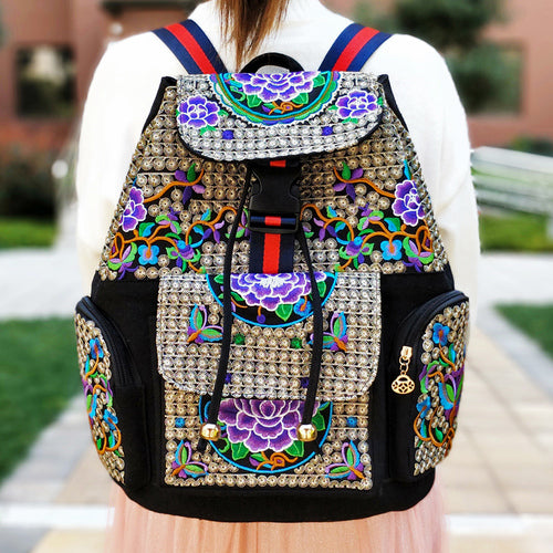 New Embroidery Bag Ethnic Style Bag Women's Large Capacity Canvas Backpack Travel Bag Fabric Art