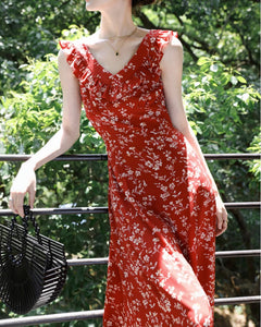 Bohemian New Goddess Style Retro Red Print Sleeveless Ruffle Dress