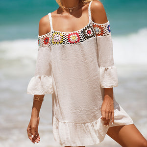 Holiday Suspenders Sun-protective Clothing Crocheted Lace Shoulder Dress Casual Short Solid Color Sunscreen Beach Skirt