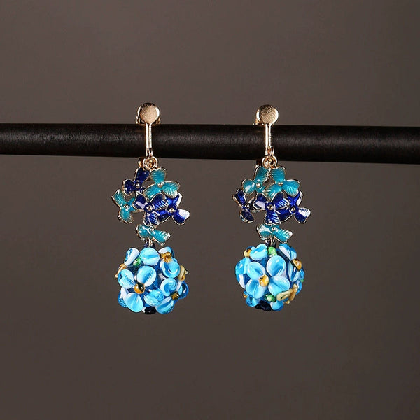 Cloisonne Earrings, Antique Blue Flower Earrings, with Cheongsam Sterling Silver Earrings