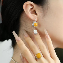 Load image into Gallery viewer, 925 Silver Retro New Ethnic Style Chicken Oil Yellow Beeswax Square Ring Earrings Niche Design Premium