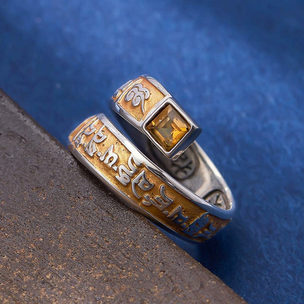 Six Characters Mantra Enamel Yellow God of Wealth Imitation Sterling Silver Ring Men's and Women's Tibetan Retro Ethnic Style