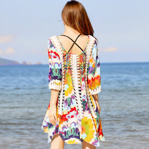 New Printed Hollow Sun Protection Loose and Thin Beach dress