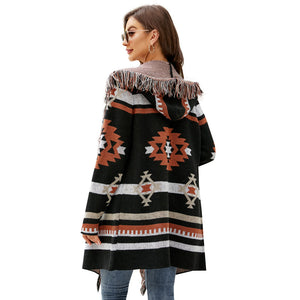 Autumn and Winter Loose Hooded Long Sweater Coat Tassel Geometric Jacquard Sweater Cardigan