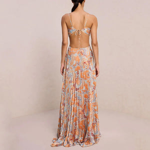 Summer New Print Sexy Hanging Neck High Grade Elegant Backless Pleated Dress