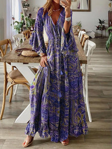 Bohemian Style Bell Sleeve Print V-neck High-waisted Resort Dress Floral Women's Dress