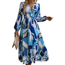 Load image into Gallery viewer, Bohemian Style New Spring and Autumn Deep V Print High Waisted Casual Long Sleeved Mid Length Dress