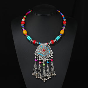 Retro Ethnic Tibetan Necklace Bell Tassel Colored Beaded Collar Sweater Chain Accessories