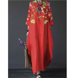 Summer Feminine Style Long Dress Round Neck Vintage Sweet Print Art Dress 3/4 Sleeve