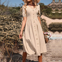Load image into Gallery viewer, Summer new women's midi skirt short sleeve V-neck solid color dress