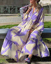 Load image into Gallery viewer, Autumn and Winter New V-neck Flare Sleeve Large Print Dress Large Swing Loose Long Dress