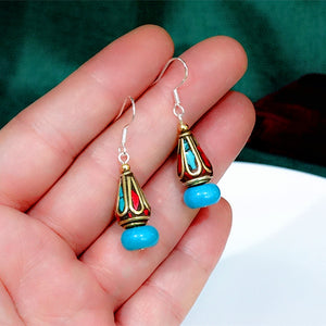 Original Ethnic Tibetan Earrings Female Sterling Silver Natural Turquoise Earrings Nepalese Vintage Palace Earrings