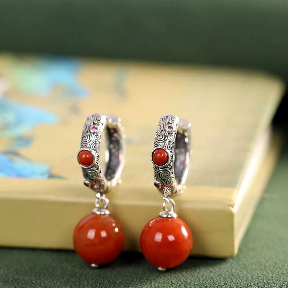 Ethnic Style Retro Classic Earrings with Red Beads Earrings Hollow Out Old Women's Temperament Ear Jewelry