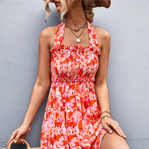 Summer New Line Ruffle Edge Style Hanging Neck Strap Printed Dress