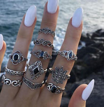 Load image into Gallery viewer, 15 Piece Ring Set Personalized Fashion Style Hollow out Lotus Sunflower Geometry Black Gem Set Ring