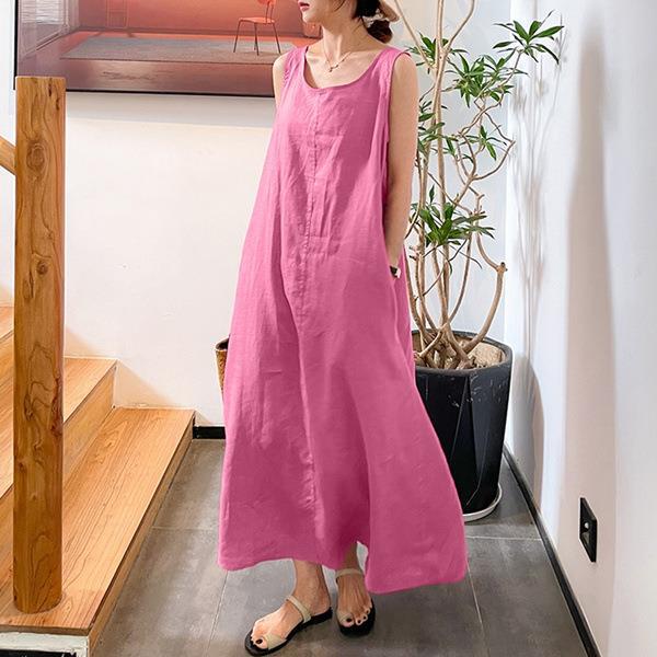 Summer New Cotton and Hemp Simple Style Loose Pocket Round Neck Style Sleeveless Long Sling Dress