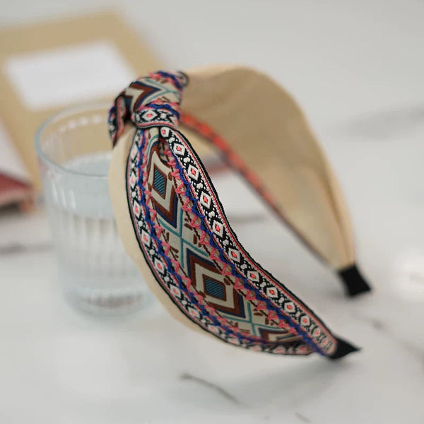 Bohemian Ethnic Wind Embroidery Knotted Headband High Skull Top Big Head Circumference Hair Hole Headband