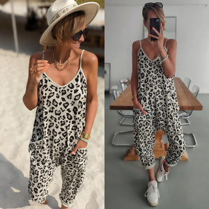 Summer New Leopard Print Loose Casual Strap Jumpsuit