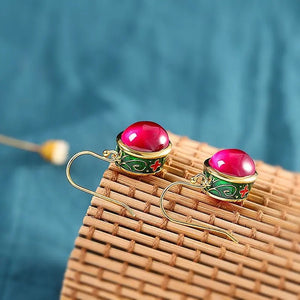 Gilded Enamel Color National Style Flower Light Luxury Ruby Female Living Ring Earrings