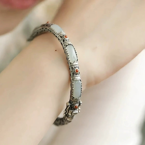 925 Silver New Jade Nanhong Bracelet Opening Female Retro Classic Ethnic Style Flower Silk Hollow