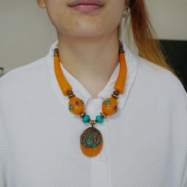 Ethnic Style Tibetan Accessories Nepalese Handmade Necklace with Large Copper Beads Exaggerated Necklace