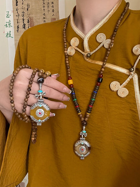 Ethnic Wood Buddha Bead Necklace Women's Tibetan Zen Retro Old Long Pendant Sweater Chain