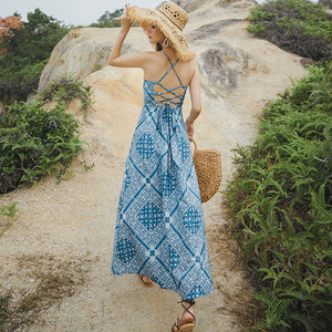 Women's summer new lace-up backless slip dress vintage blue midi vacation dress