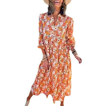 Load image into Gallery viewer, New Casual Loose Long-sleeved V-neck Women&#39;s Bohemian Floral Elegant A-shaped Dress