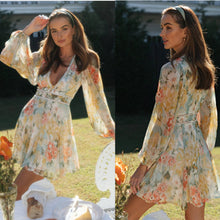 Load image into Gallery viewer, Fashion Printed V-neck Bubble Sleeve Lace Patchwork Large Swing Dress