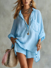 Load image into Gallery viewer, Summer New Women's Fashion Cotton Linen Pockets Beach Shorts Shirt Set
