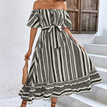Load image into Gallery viewer, Bohemian Off Shoulder High Waist Lace up Casual Stripe Plaid Dress