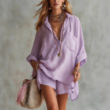 Load image into Gallery viewer, Summer New Women's Fashion Cotton Linen Pockets Beach Shorts Shirt Set
