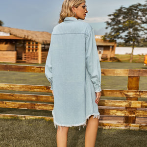 New Vintage Wash Denim Loose Relaxed Long Sleeve Ragged Dress