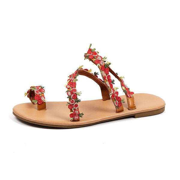 Flat toe colored sandals woman bohemian outside wearing beach sandals