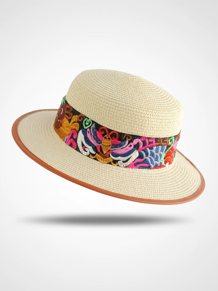 Straw Hat Retro Ethnic Style Embroidery Flower Beach Hat Spring and Summer Basin Hat