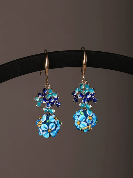 Cloisonne Earrings, Antique Blue Flower Earrings, with Cheongsam Sterling Silver Earrings