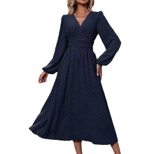 Load image into Gallery viewer, Autumn and Winter New Medium Hairball Diagonal Neck Lantern Sleeve Pleated Waist Dress