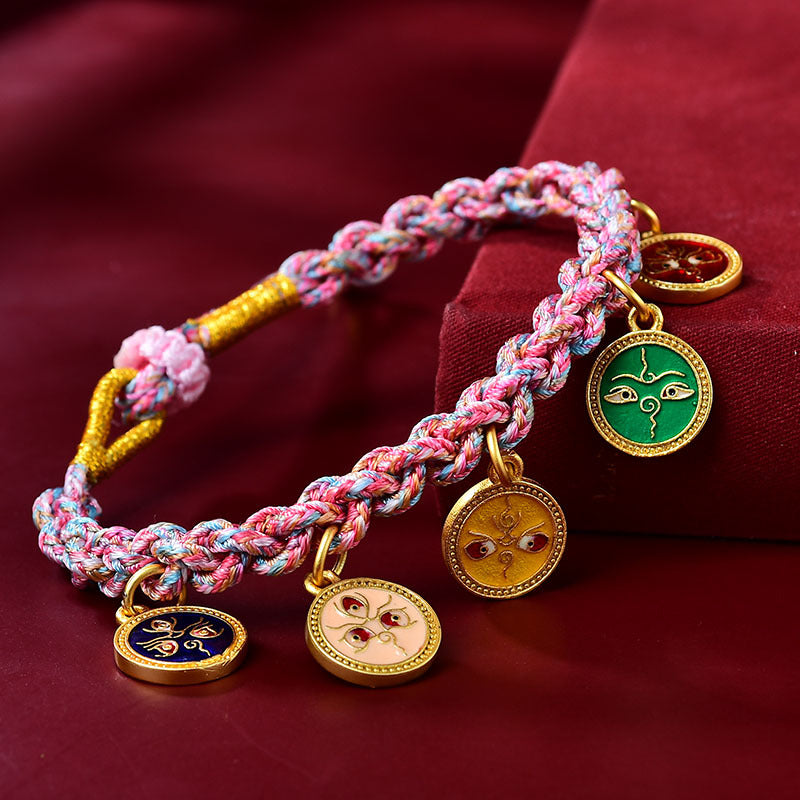Tibetan Handwoven Colorful Five Way God of Wealth Bracelet Rope Tangka God of Wealth Green Tara Zakiram Bracelet