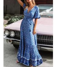 Load image into Gallery viewer, Bohemian Summer High Waist Lace up V-Neck Loose Large Hem Dress Seaside Long Dress