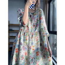 Load image into Gallery viewer, Summer Printing Unique and Unique Skirt Round Neck Forest Cotton Linen Imitation Ramie Fragmented Flower Dress