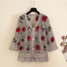 Load image into Gallery viewer, Three-Dimensional Flower Openwork Crocheted Sweater Cardigan Women's Spring And Autumn New Heavy Industry Joker Sweater 3XL Coat