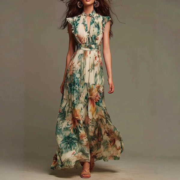 Floral Print Maxi Dress Sleeveless Ruffle Mock Neck Keyhole Front Smocked Waist Flowy Chiffon Bohemian Long Dress for Women